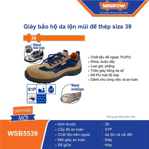 Giày bảo hộ da lộn mũi đế thép size 39 WADFOW WSB5539