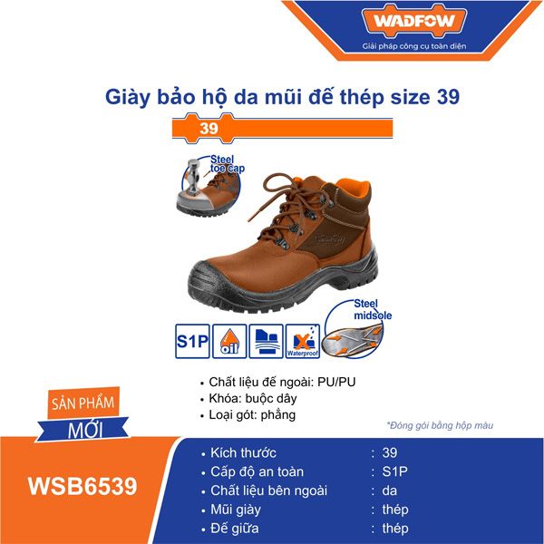 Giày bảo hộ da mũi đế thép size 39 WADFOW WSB6539