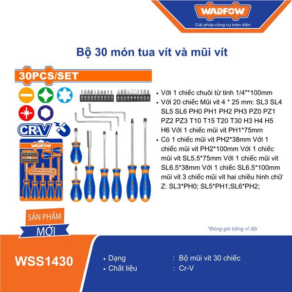 Bộ 30 món tua vít và mũi vít WADFOW WSS1430