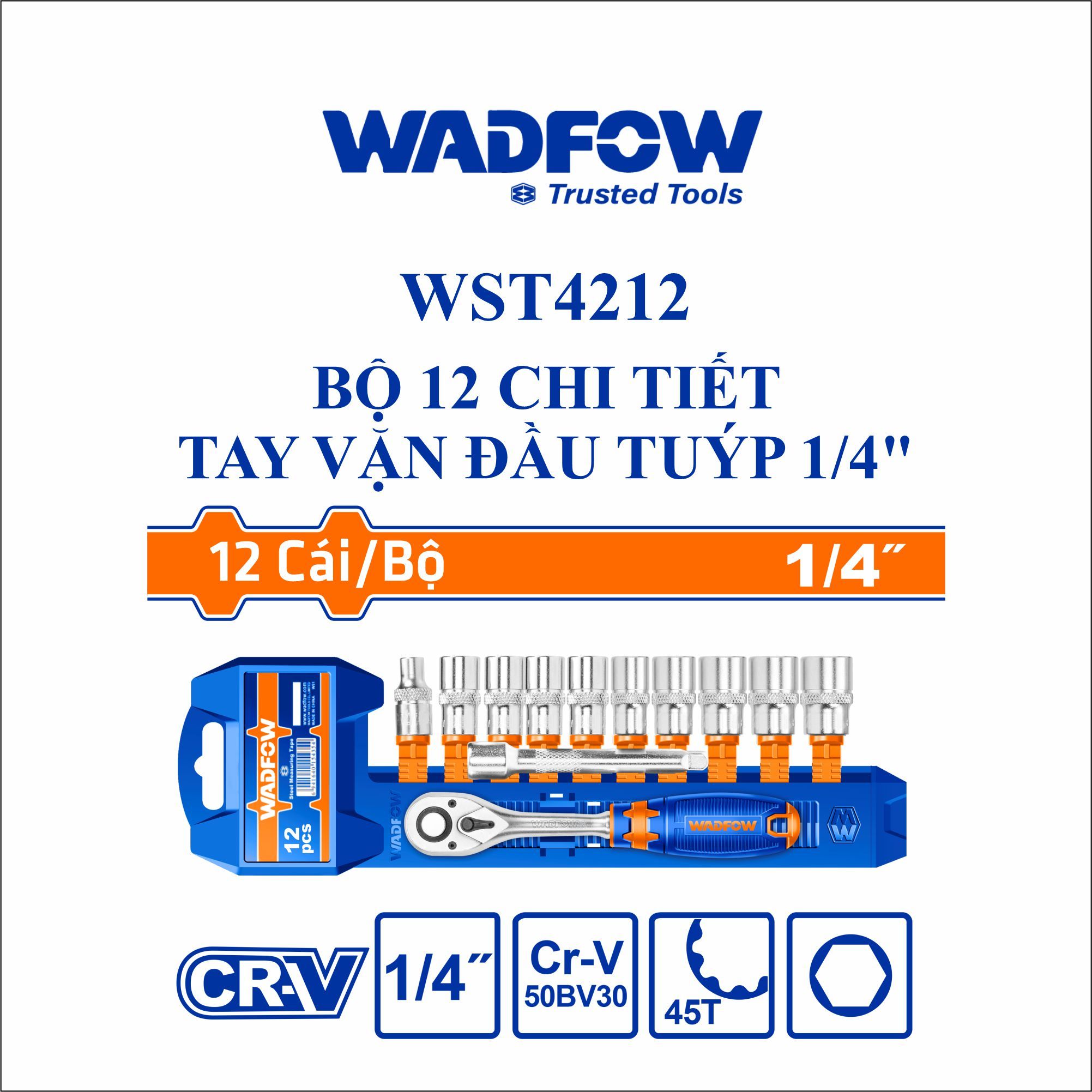  Bộ 12 chi tiết tay vặn đầu tuýp 1/4 Inch  WADFOW WST4212 