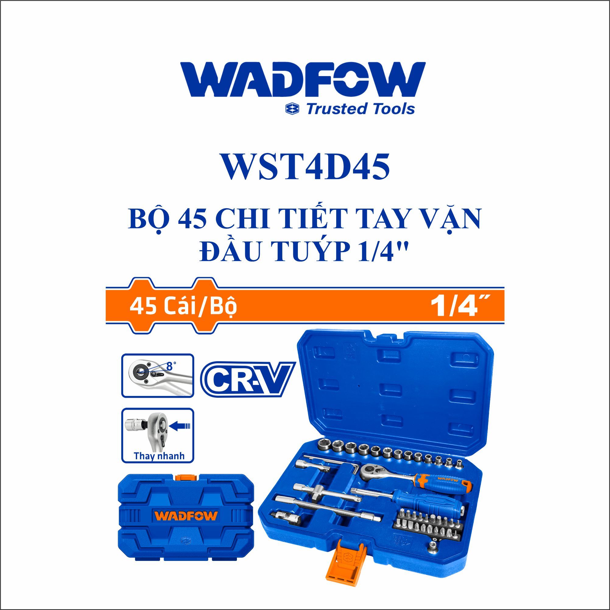  Bộ 45 chi tiết tay vặn đầu tuýp 1/4 Inch WADFOW WST4D45 