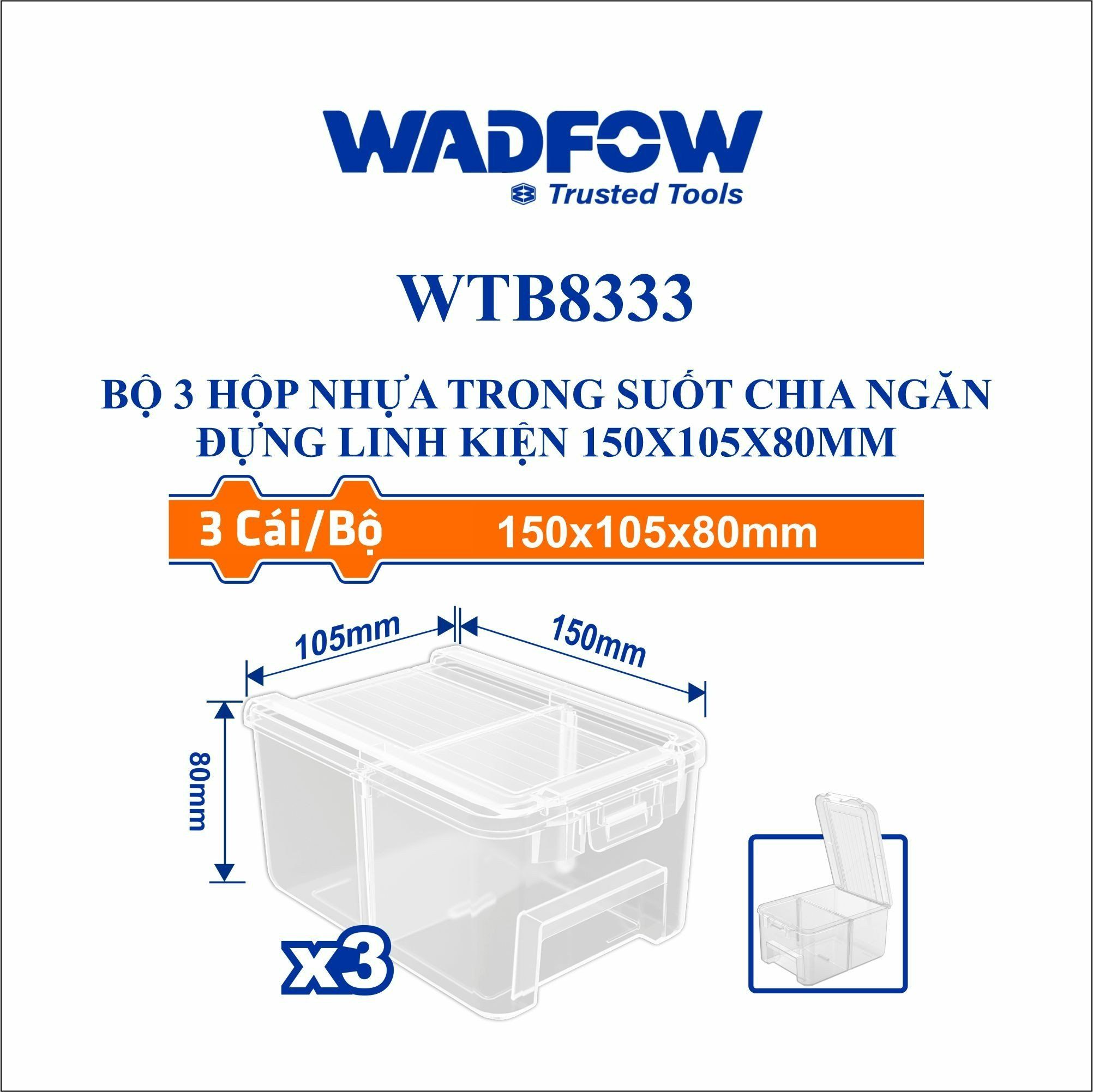  Bộ 3 Hộp nhựa trong suốt chia ngăn đựng linh kiện 150x105x80mm WADFOW WTB8333 
