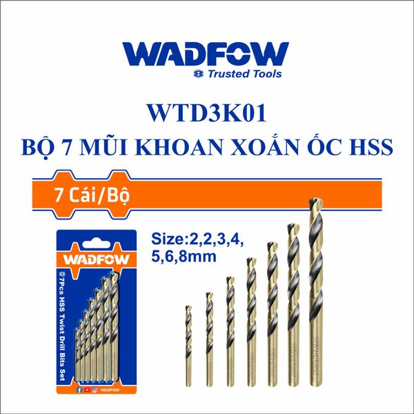 Bộ 7 mũi khoan xoắn ốc HSS WADFOW WTD3K01