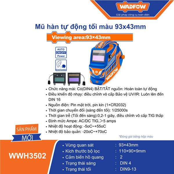 Mặt nạ hàn tự động tối màu 100x60mm WADFOW WWH3503