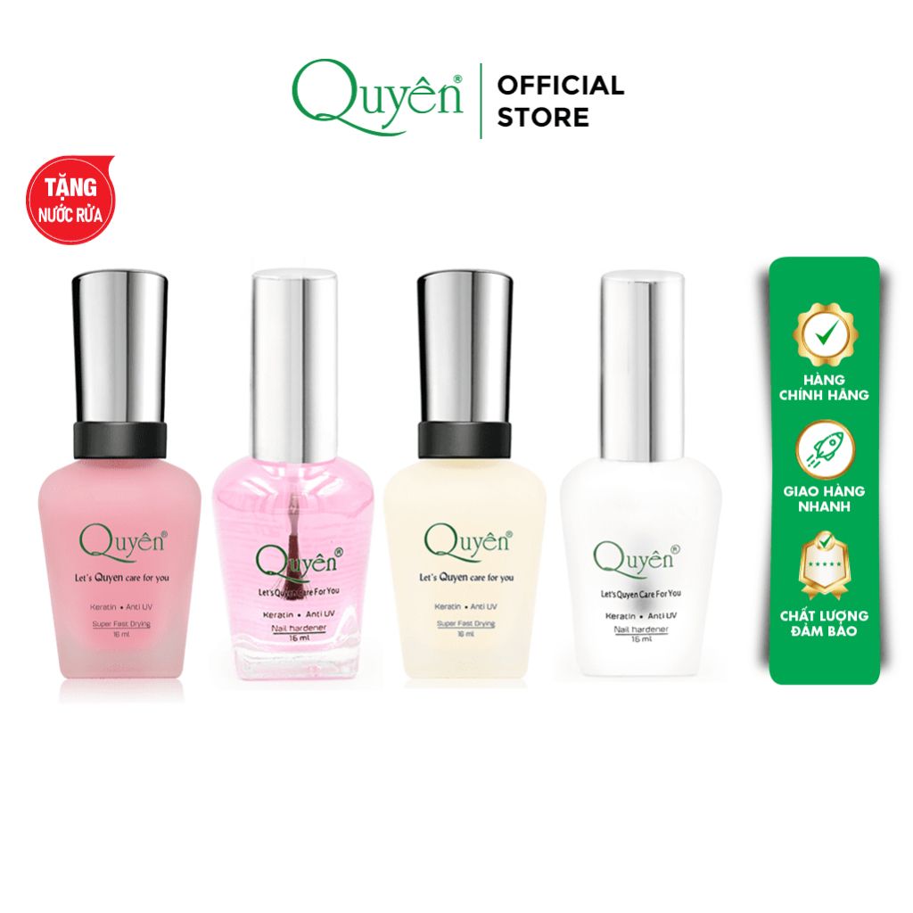 Combo Sơn Siêu Dưỡng Móng Tay Cao cấp Mỹ Phẩm Quyên Chính Hãng 16ml Dưỡng (Hồng/Phẳng/Trắng/Bóng) - TẶNG NƯỚC RỬA MÓNG