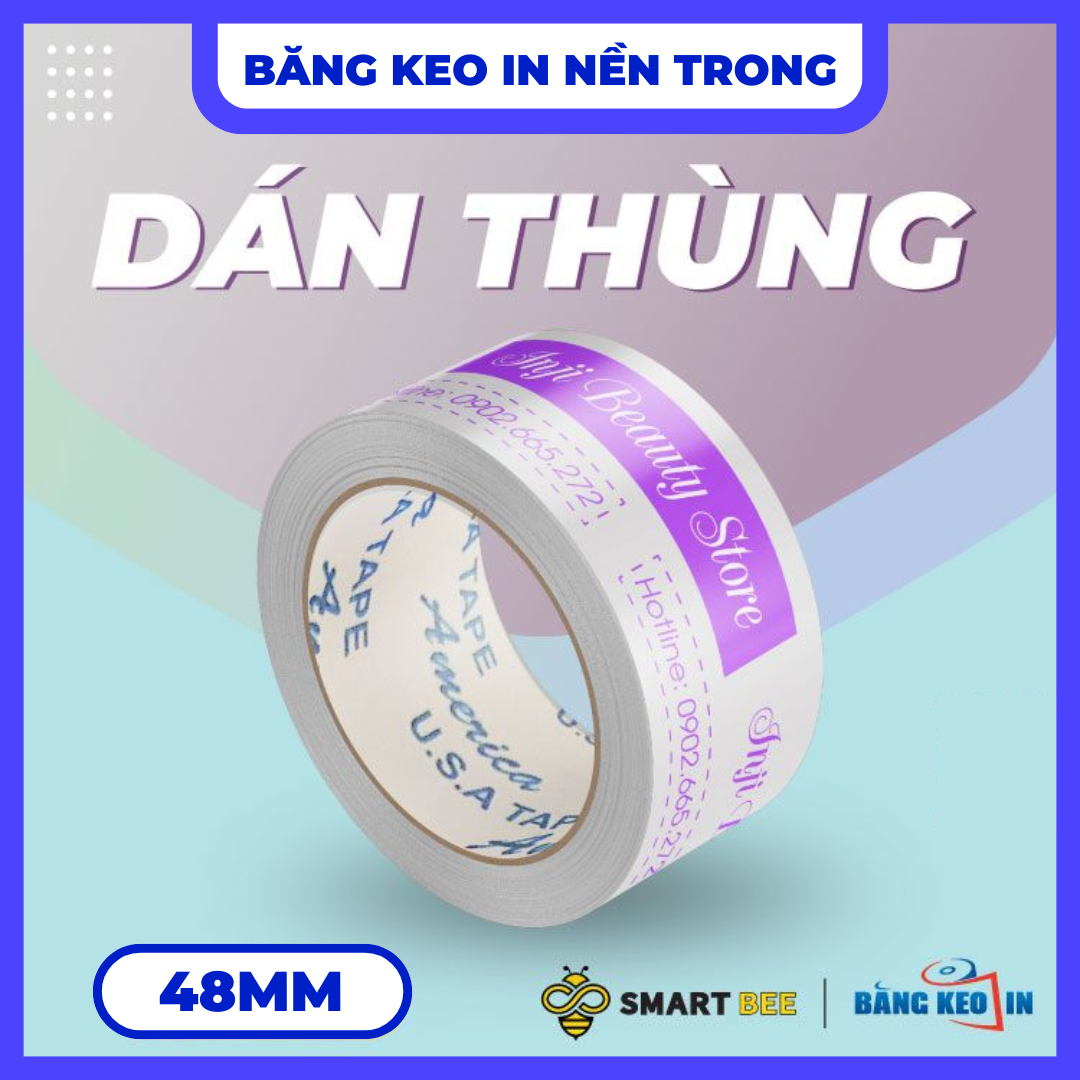 Băng Keo In Theo Yêu Cầu 48MM x 72M Nền Trong Màu In Tím