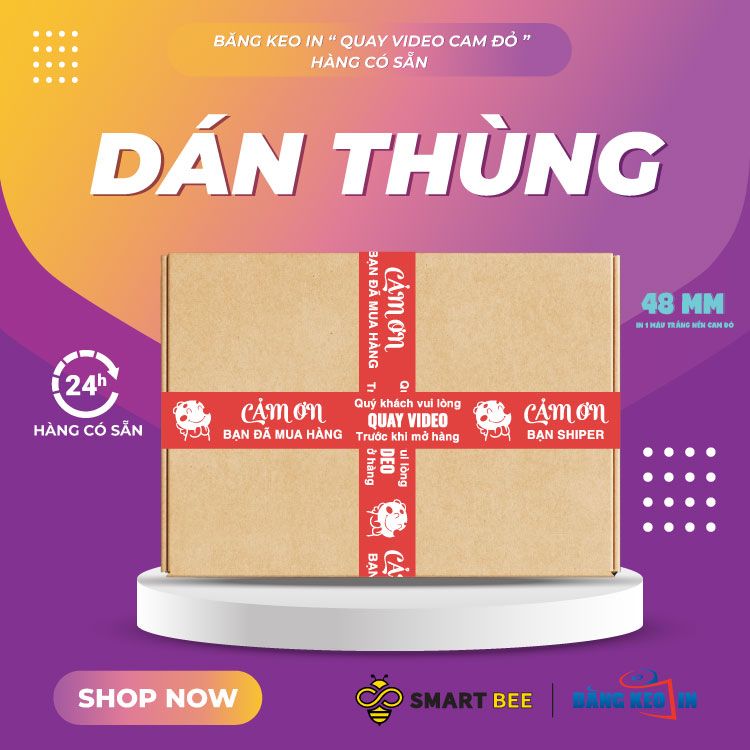 Băng Keo In Mẫu in sẵn Quay VIDEO Trước Khi Mở Hàng 48MMx72M Cam Đỏ & Trắng Sữa