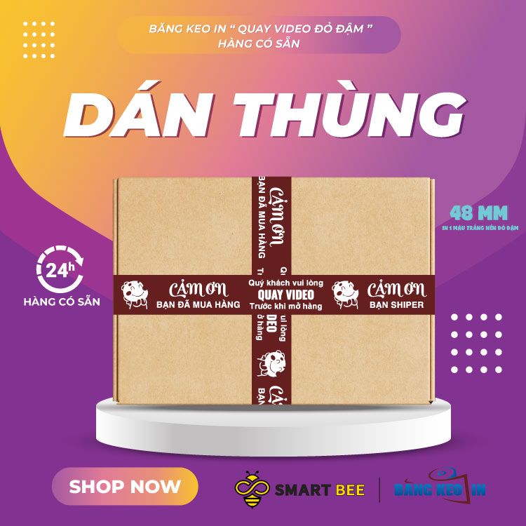 Băng keo in Mẫu in sẵn Quay VIDEO Trước Khi Mở Hàng 48MMx72 - Đỏ Đậm - Trắng Sữa