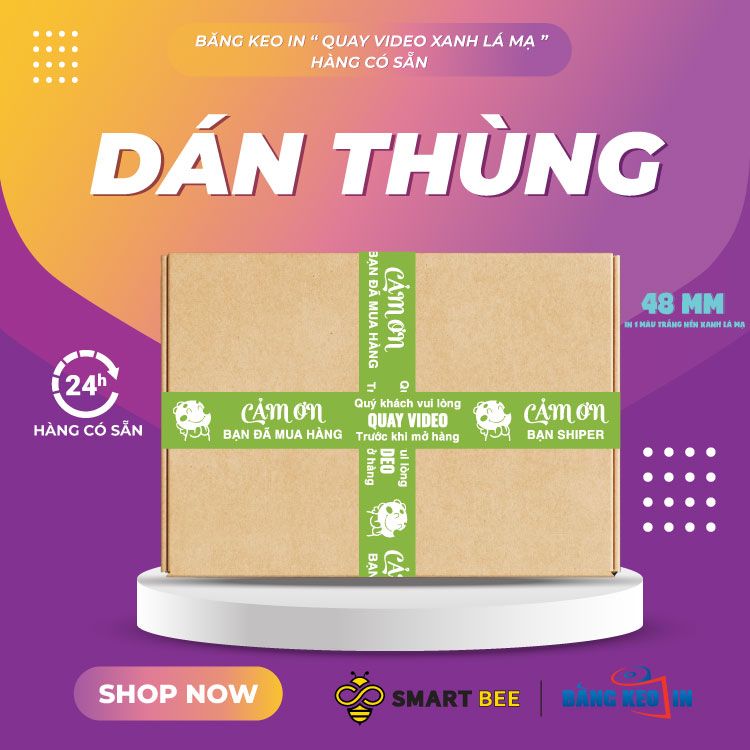 Băng keo in Mẫu in sẵn Quay VIDEO Trước Khi Mở Hàng Xanh lá mạ & Trắng sữa 48MMx72M