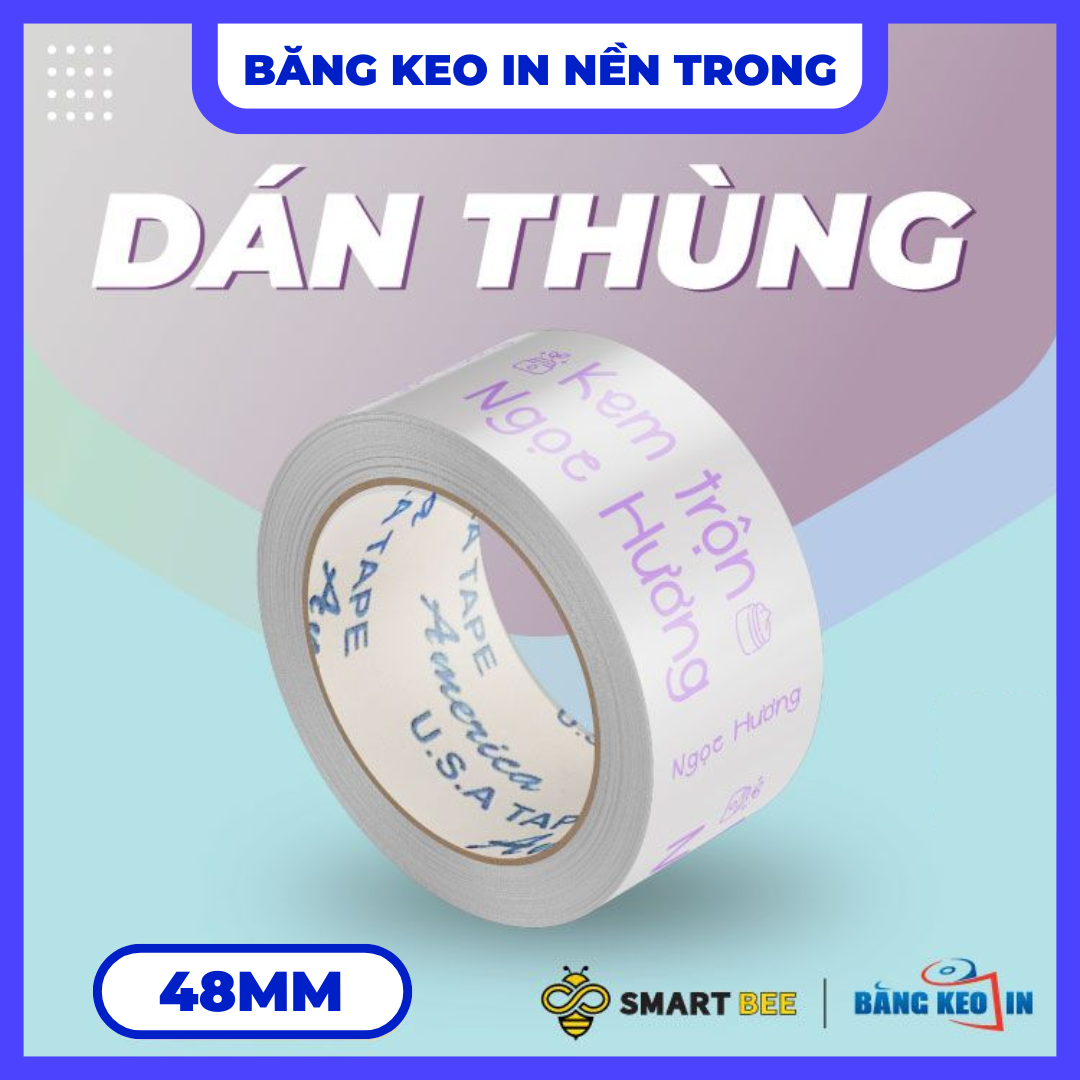 Băng Keo In Theo Yêu Cầu 48MM x 72M Nền Trong Màu In Tím