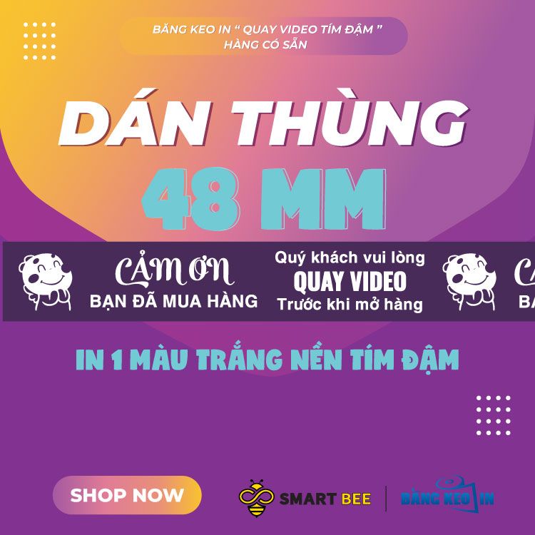 Băng Keo In Mẫu in Sẵn Quay VIDEO Trước Khi Mở Hàng 48mmx72m Tím Đậm - Trắng Sữa