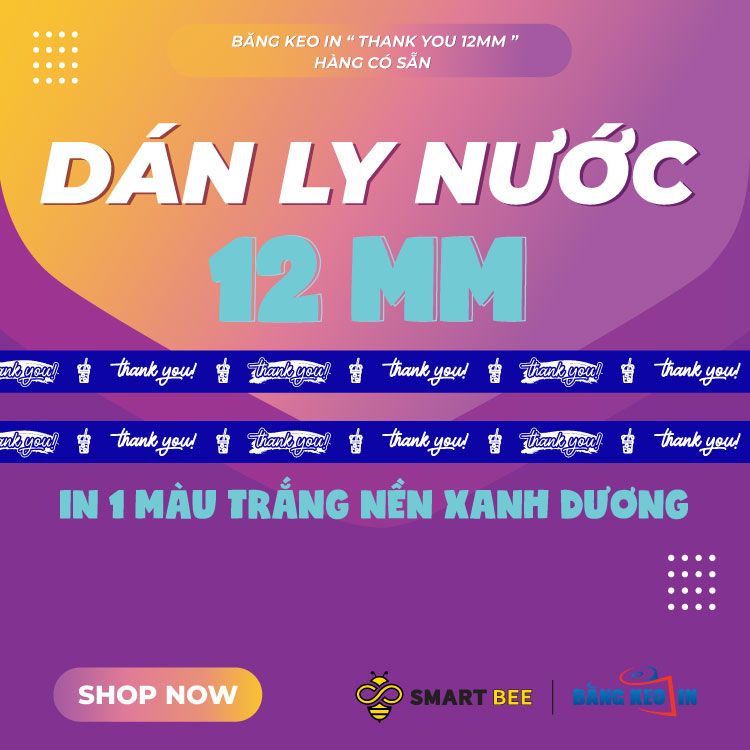 Băng keo in Thank You 12MM Nền Xanh Dương Chữ Trắng