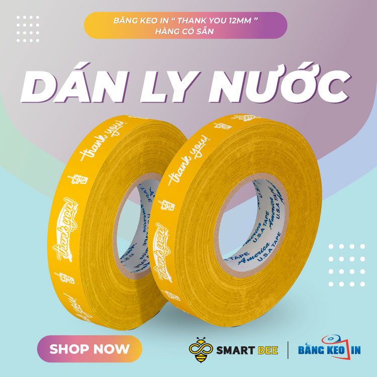 Băng Keo In Thank You 12MM Nền Vàng Chữ Trắng