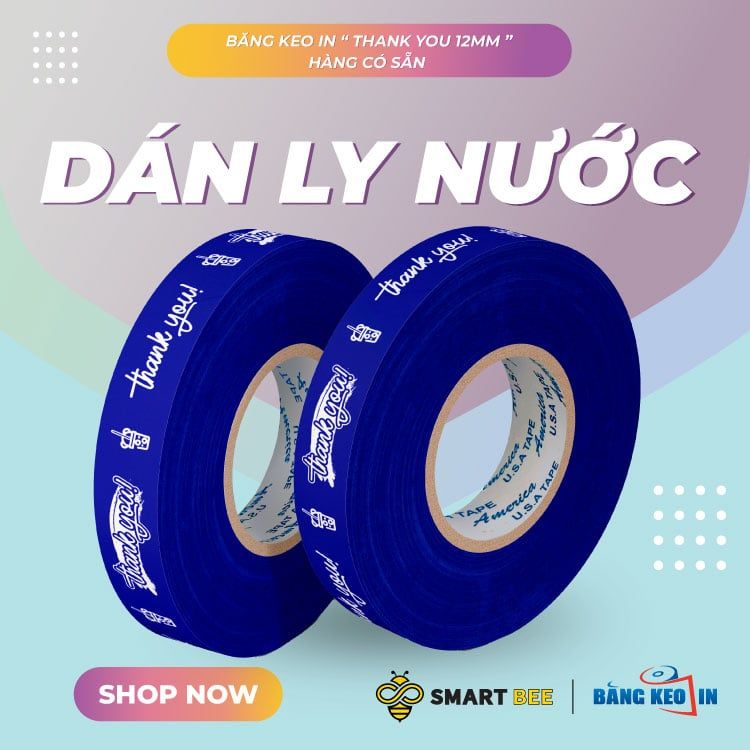 Băng keo in Thank You 12MM Nền Xanh Dương Chữ Trắng