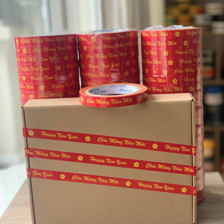 Băng Keo In Chúc Mừng Năm Mới 15MM x 72M - Nền Đỏ - Chữ Vàng