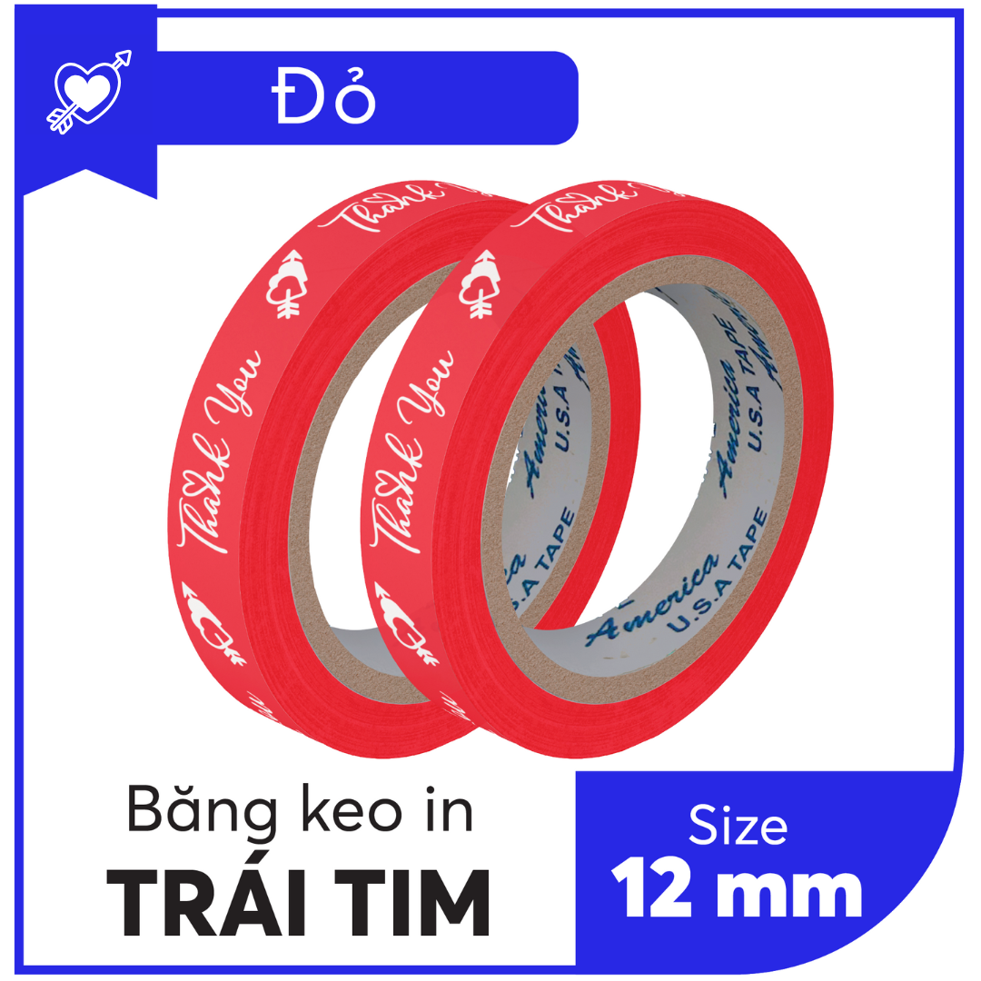 BĂNG KEO IN SẴN MẪU THANK YOU TIM 12MM | 6 MÀU