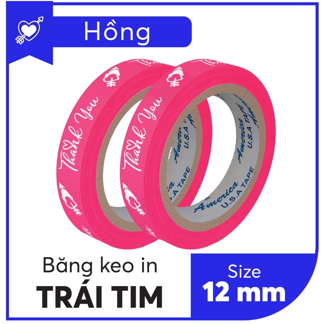 BĂNG KEO IN SẴN MẪU THANK YOU TIM 12MM | 6 MÀU