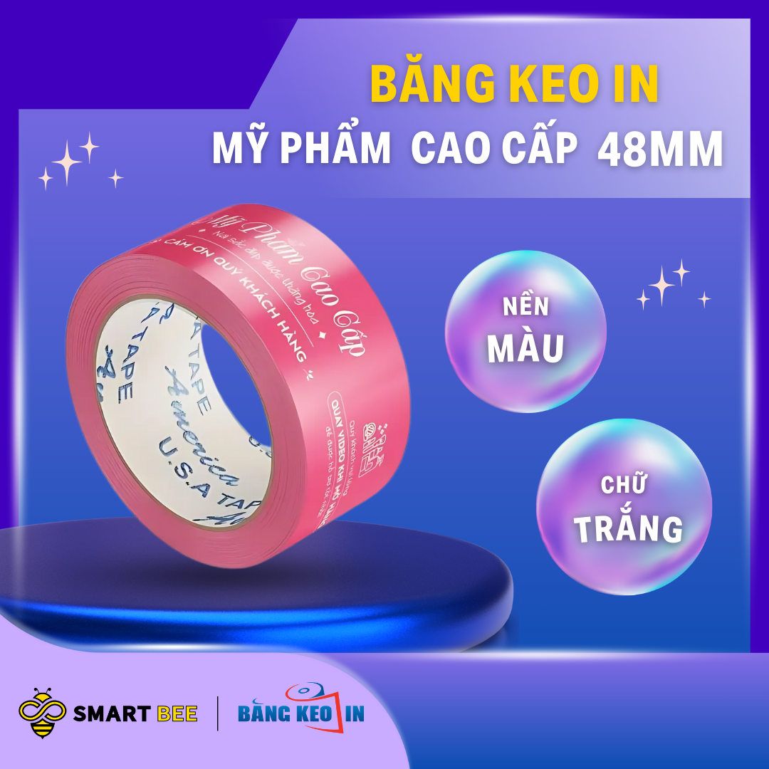 Băng Keo In Mỹ Phẩm Cao Cấp 48MM x 72M - Nền Màu - Chữ Trắng Sữa