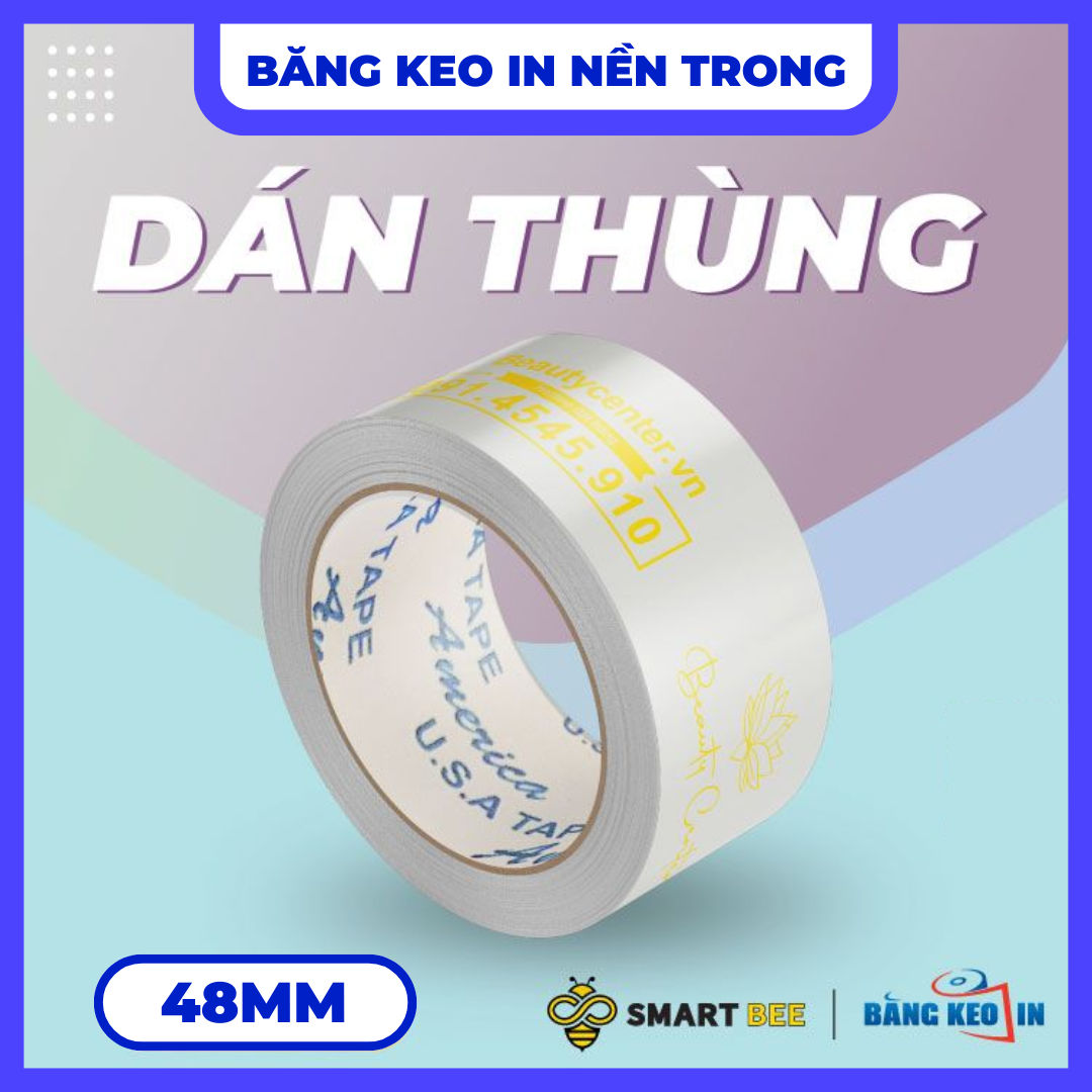 Băng Keo In Theo Yêu Cầu 48MM x 72M Nền Trong Màu In Vàng
