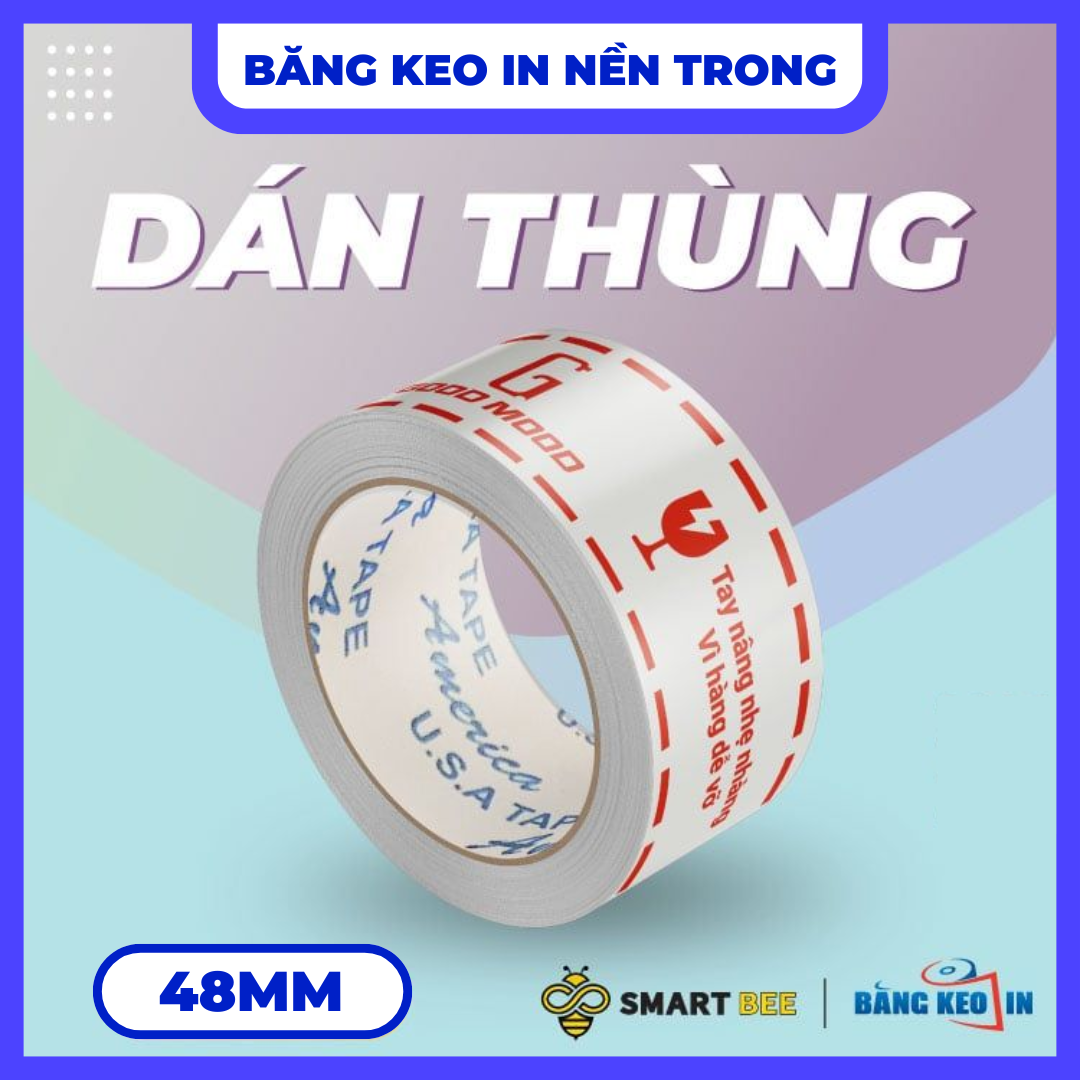 Băng Keo In Theo Yêu Cầu 48MM x 72M Nền Trong Màu In Cam