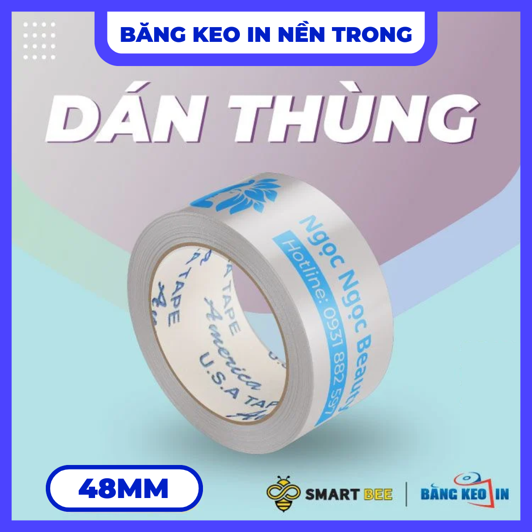 Băng Keo In Theo Yêu Cầu 48MM x 72M Nền Trong Màu In Xanh Dương