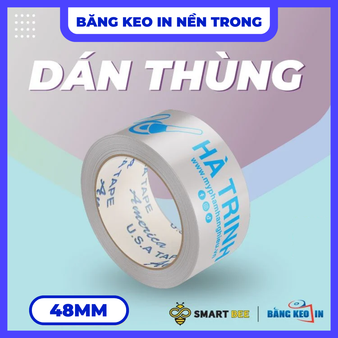 Băng Keo In Theo Yêu Cầu 48MM x 72M Nền Trong Màu In Xanh Dương