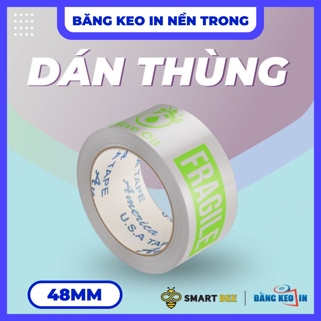 Băng Keo In Theo Yêu Cầu 48MM x 72M Nền Trong Màu In Xanh Lá