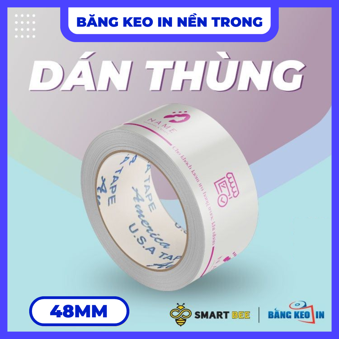 Băng Keo In Theo Yêu Cầu 48MM x 72M Nền Trong Màu In Hồng