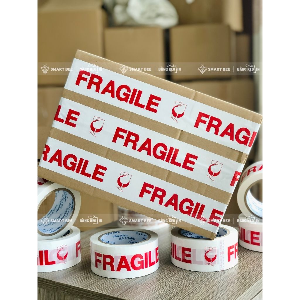Băng keo in FRAGILE Trắng Đỏ 48mm