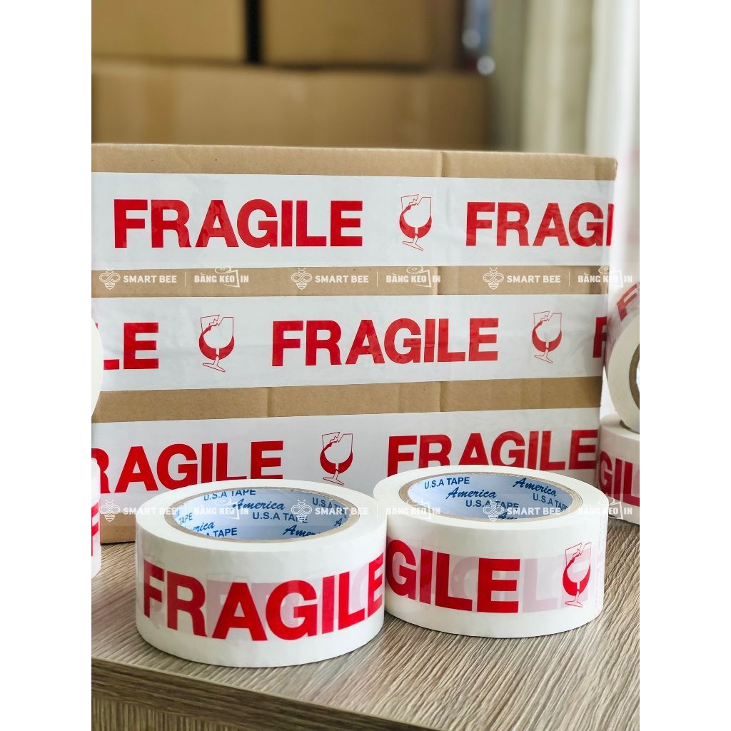 Băng keo in FRAGILE Trắng Đỏ 48mm