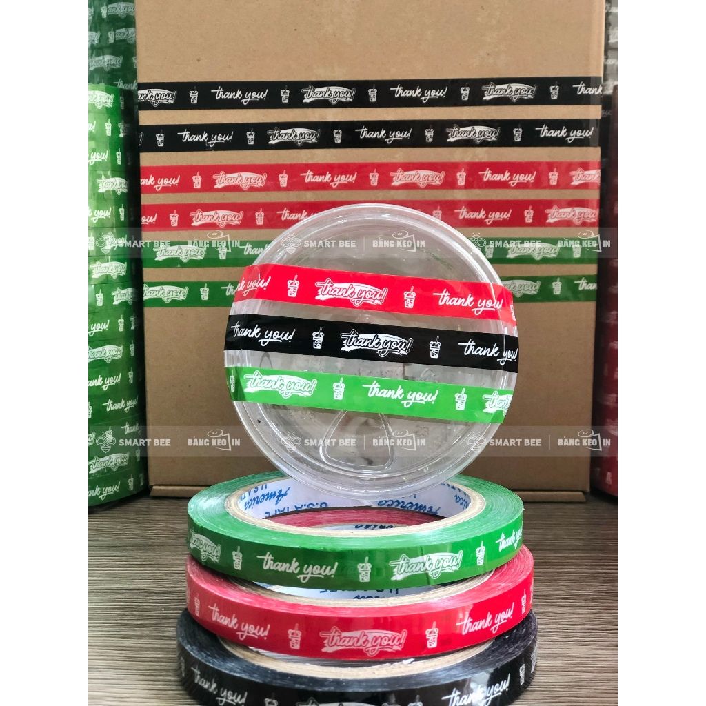 BĂNG KEO IN SẴN MẪU THANK YOU DÁN LY TRÀ SỮA 12MM | 6 MÀU