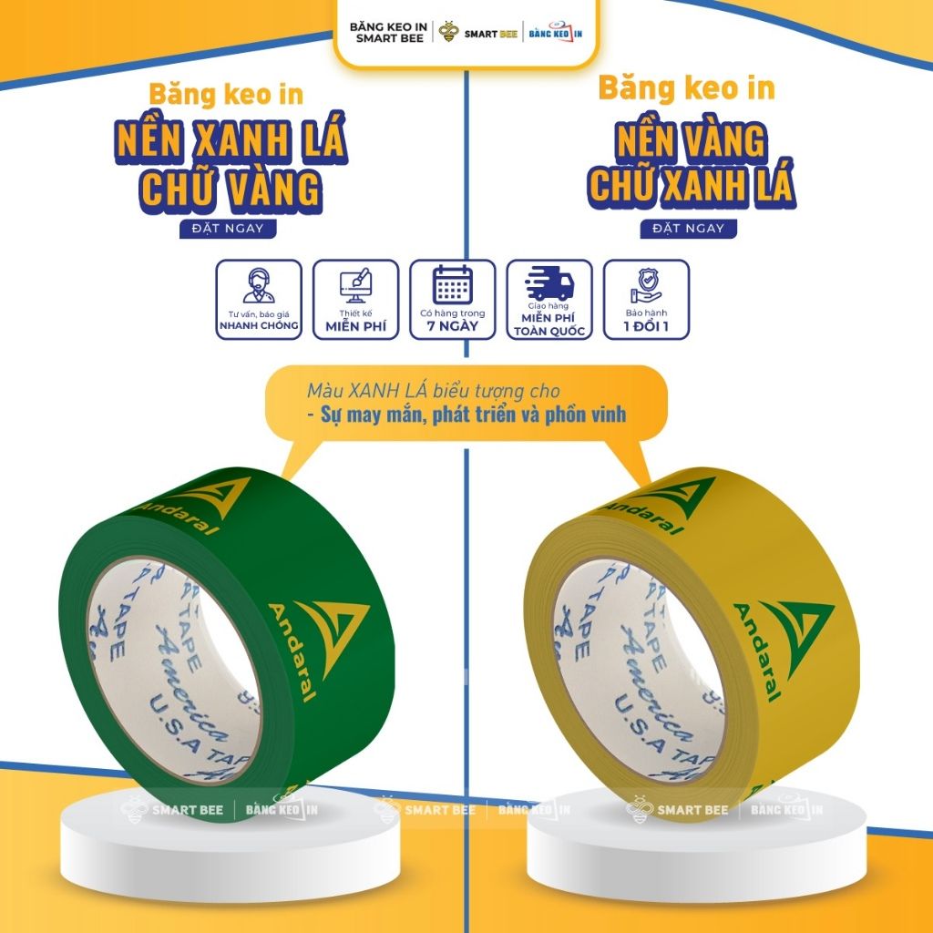 Băng keo màu XANH LÁ in logo, in chữ màu VÀNG (in theo yêu cầu) BKMI