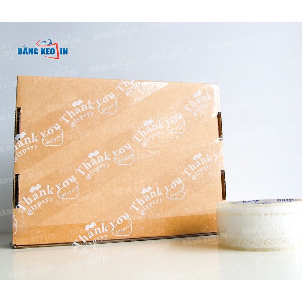Cuộn băng keo in chữ THANK YOU màu trắng dùng để đóng gói hàng