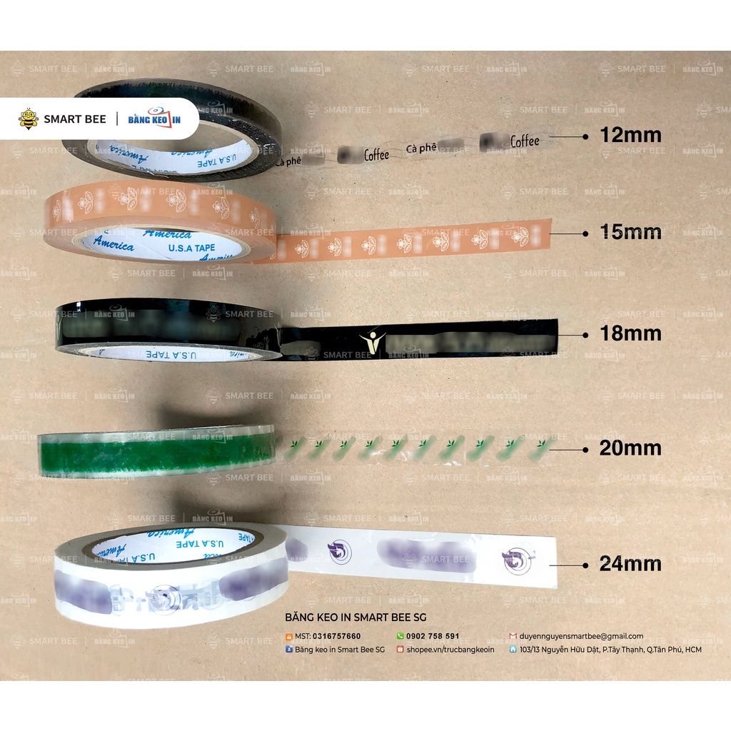Băng keo màu IN LOGO, IN CHỮ size nhỏ 12mm, 15mm, 18mm, 20mm, 24mm