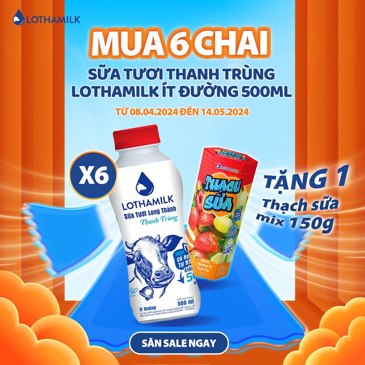  Combo 6 Sữa Tươi Thanh Trùng Lothamilk Ít đường chai 500ml 