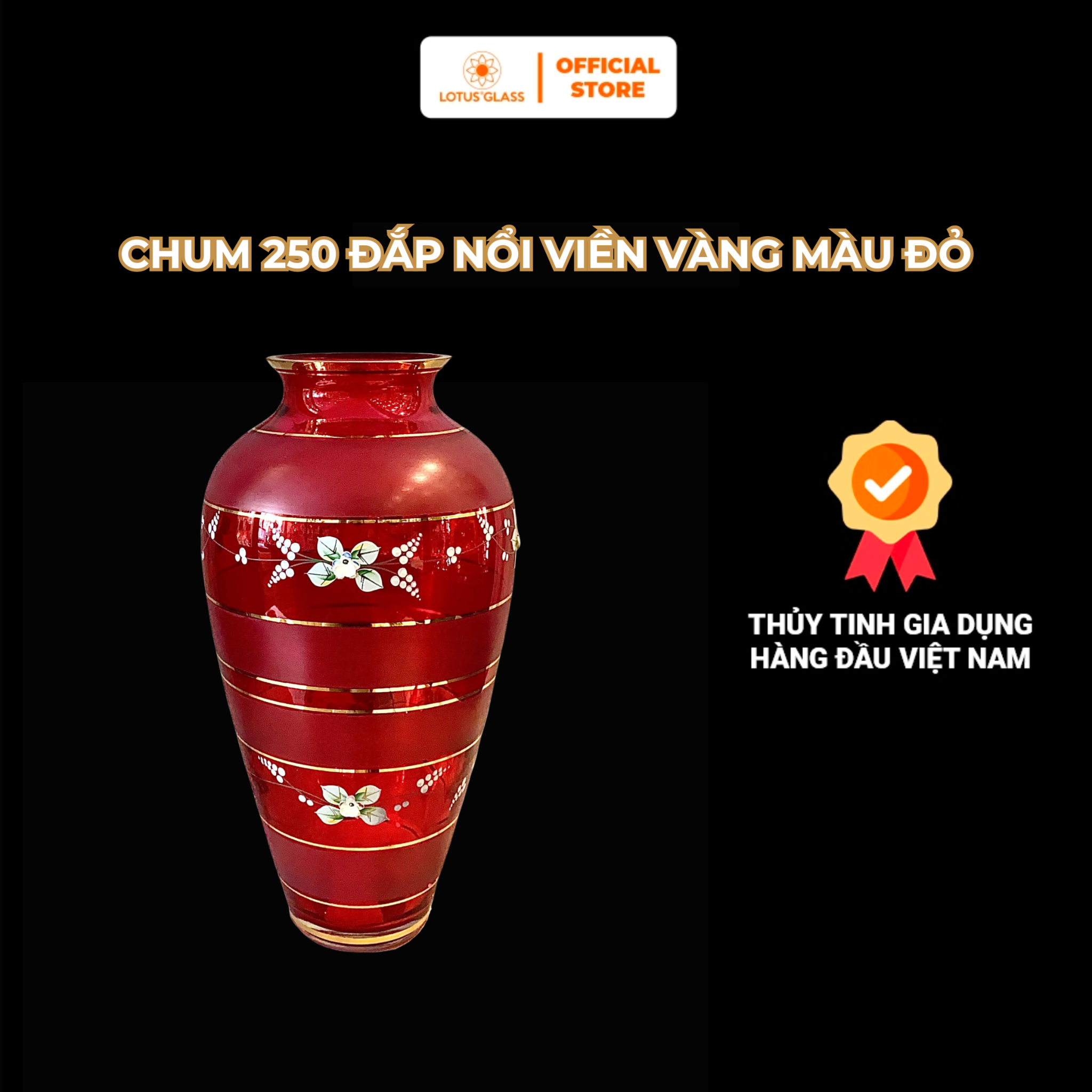 Lọ Hoa, Bình Hoa Dáng Chum 250 Đắp Nổi Viền Vàng