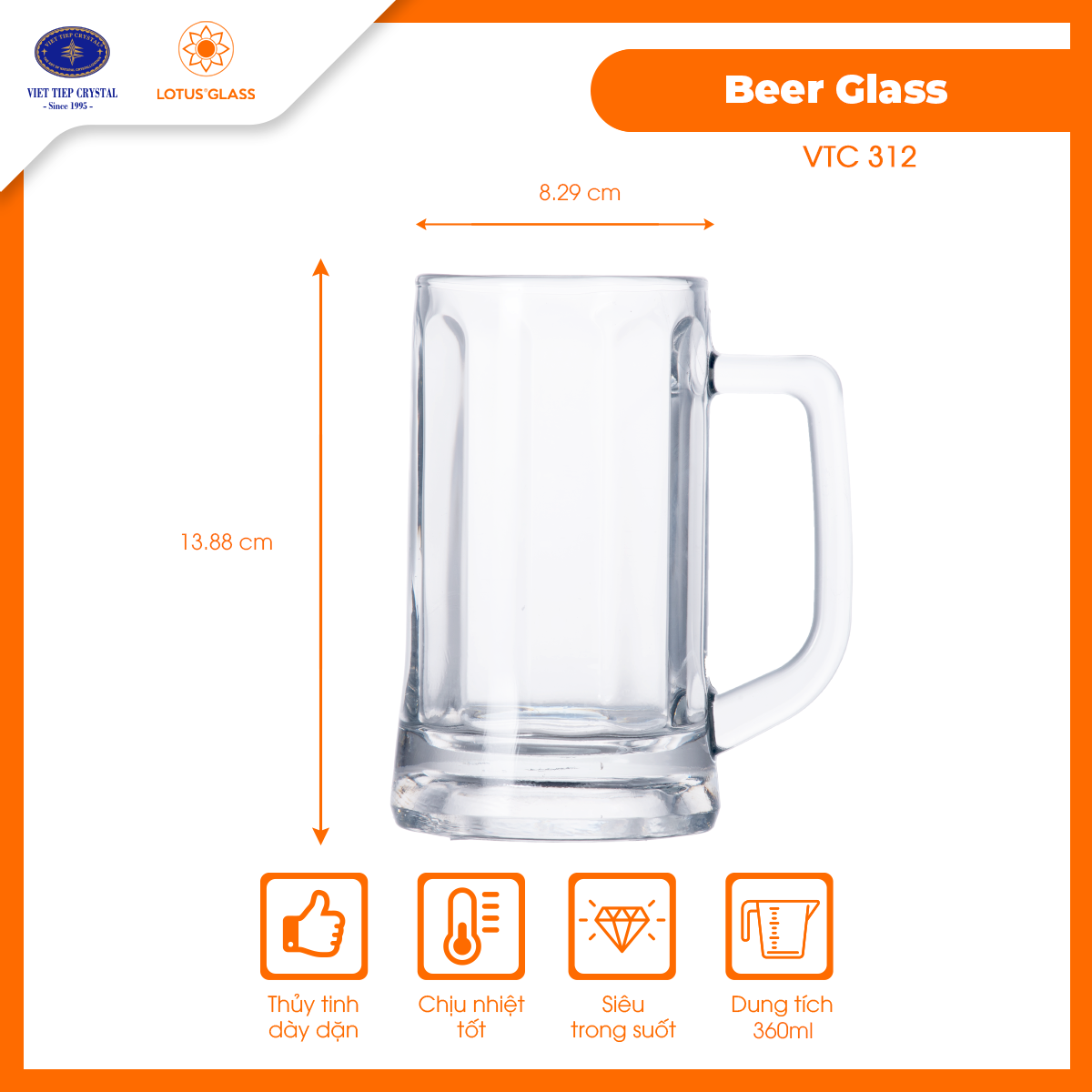 Bộ 4 cốc bia thủy tinh có quai Lotus Glass VTC312
