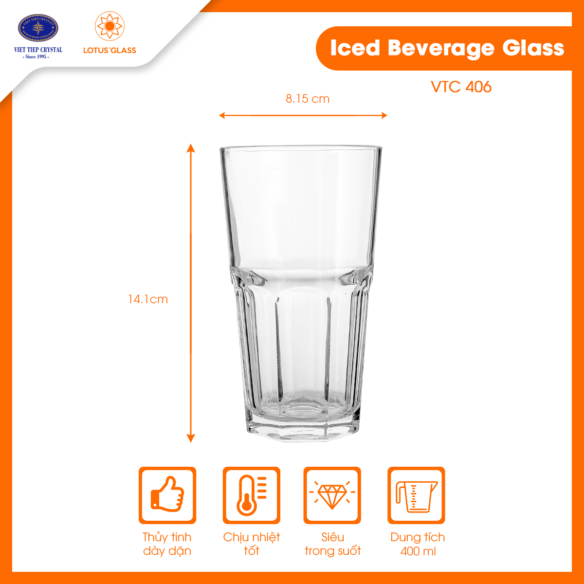  Bộ 6 cốc nước giải khát thủy tinh 8 cạnh cao Lotus Glass VTC403-405-406 