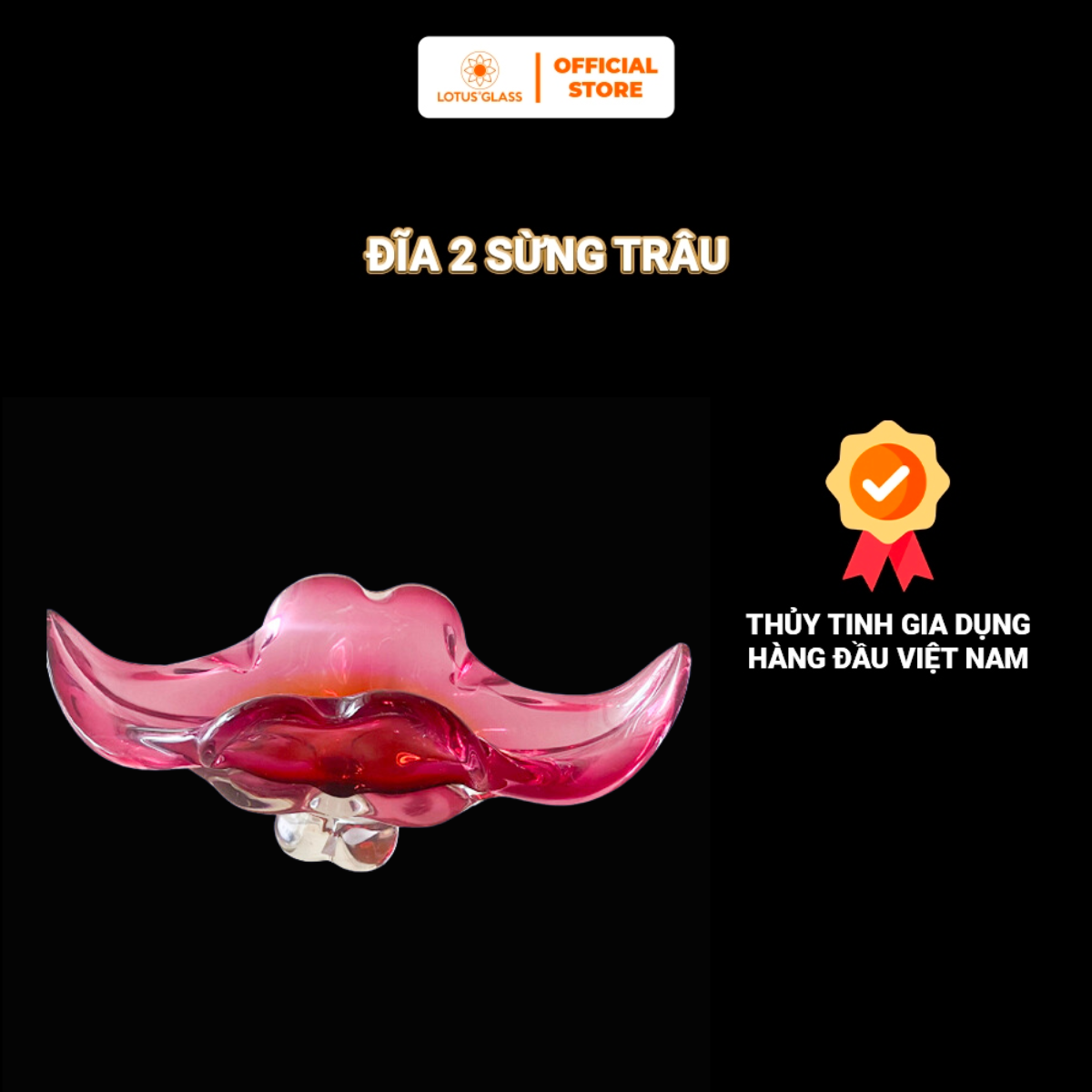 Đĩa pha lê 2 sừng trâu màu hồng