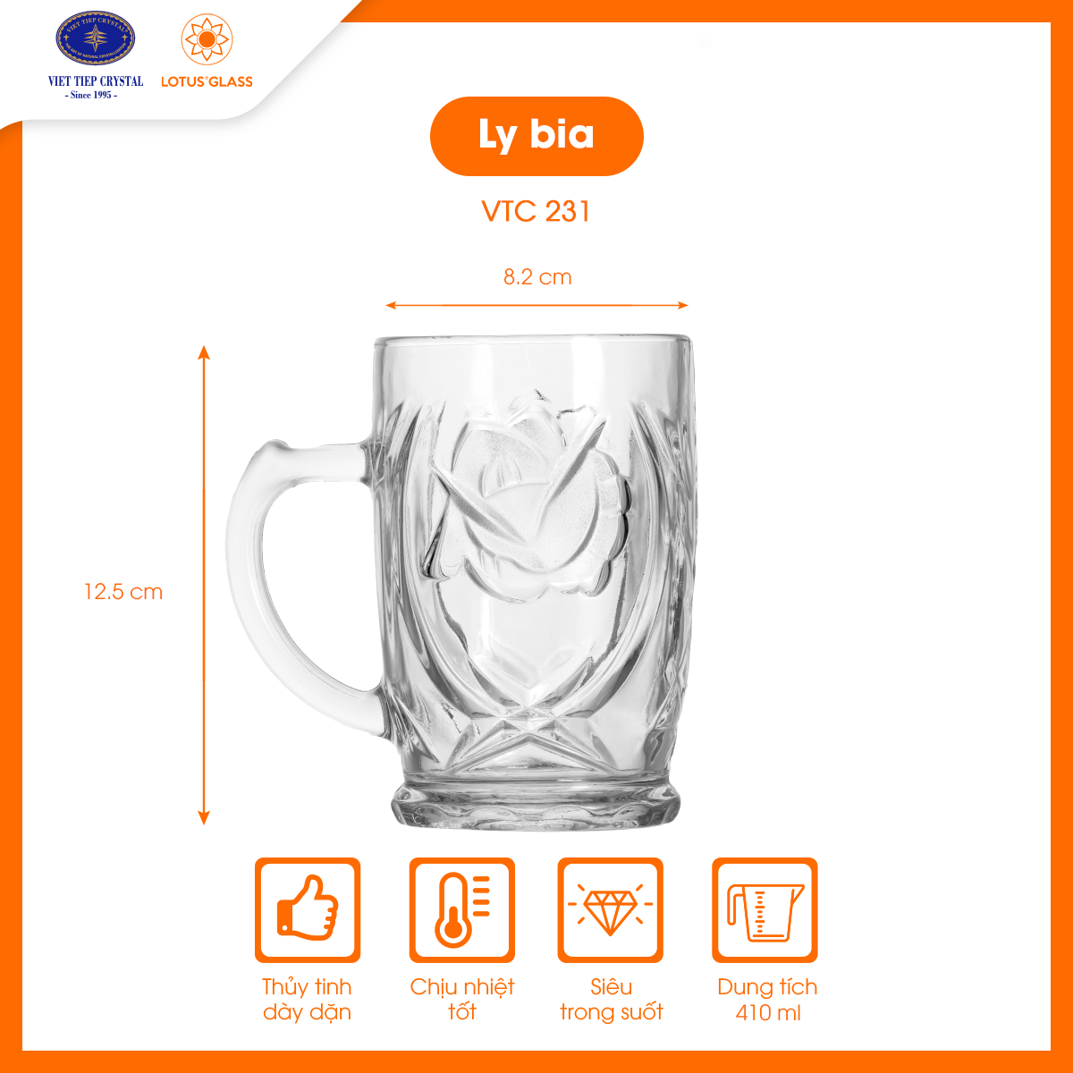 Bộ 6 cốc bia thủy tinh có quai Lotus Glass VTC231