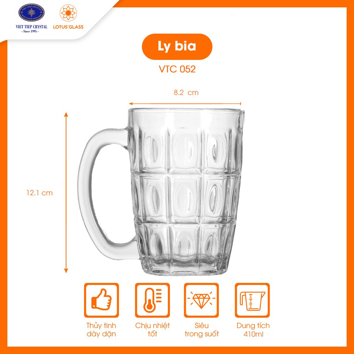 Bộ 6 cốc bia thủy tinh có quai Lotus Glass VTC052