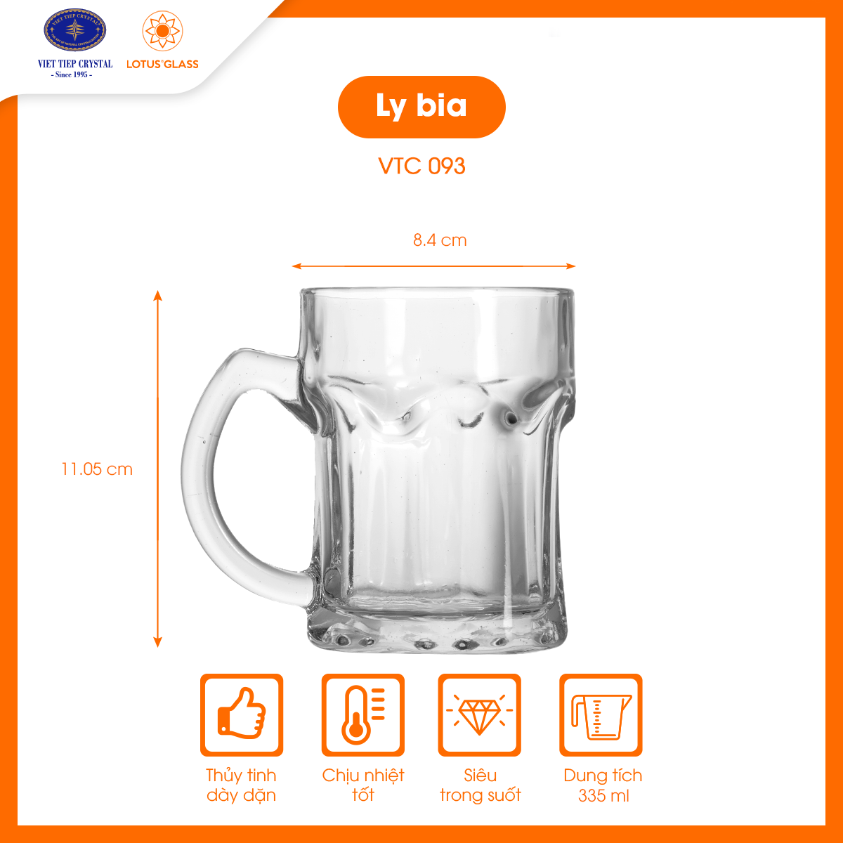 Bộ 6 cốc bia thủy tinh có quai Lotus Glass VTC093