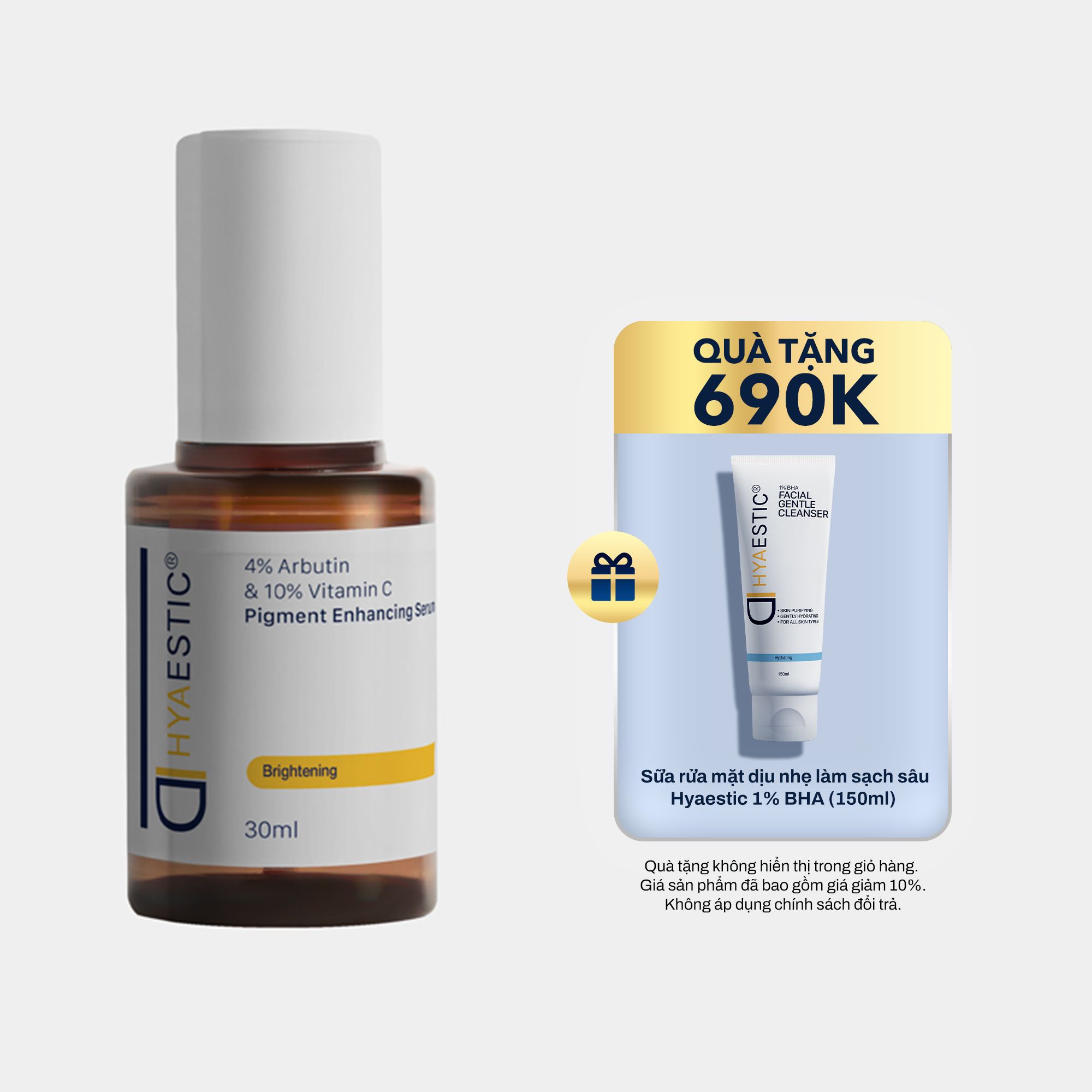 Tinh chất hỗ trợ trị nám và trẻ hóa làn da chuyên sâu Hyaestic Pigment Enhancing Serum 4% Arbutin & 10% Vitamin C (30ml) TẶNG Sữa rửa mặt dịu nhẹ làm sạch sâu 1% BHA (150ml)