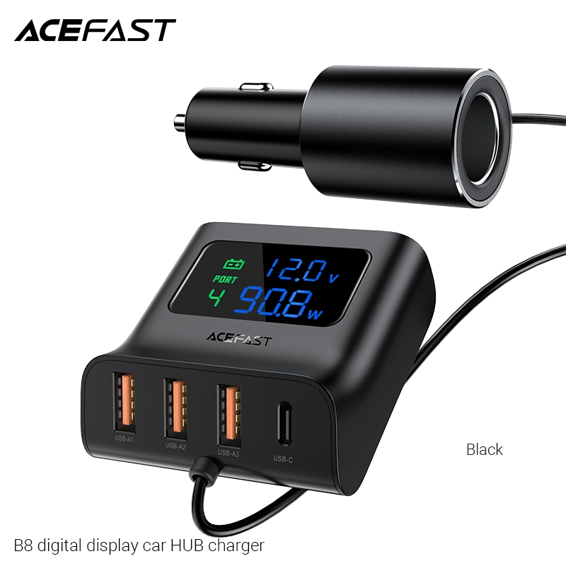 Sạc Hub ô tô ACEFAST 90W 4 cổng 3xUSB-A + USB-C có đèn hiển thị