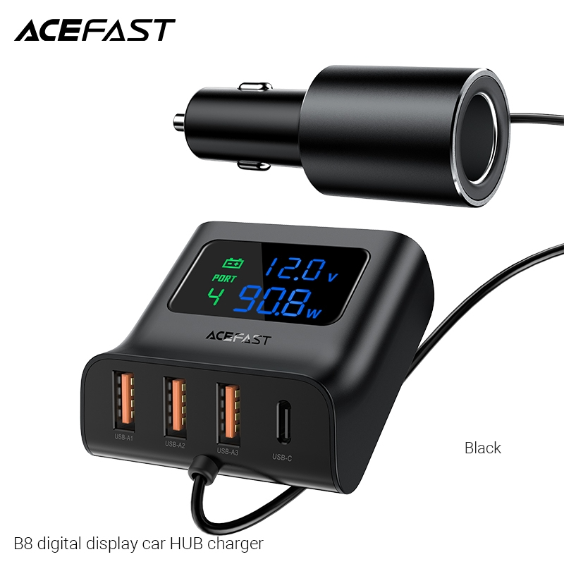  Sạc Hub ô tô ACEFAST 90W 4 cổng 3xUSB-A + USB-C có đèn hiển thị 