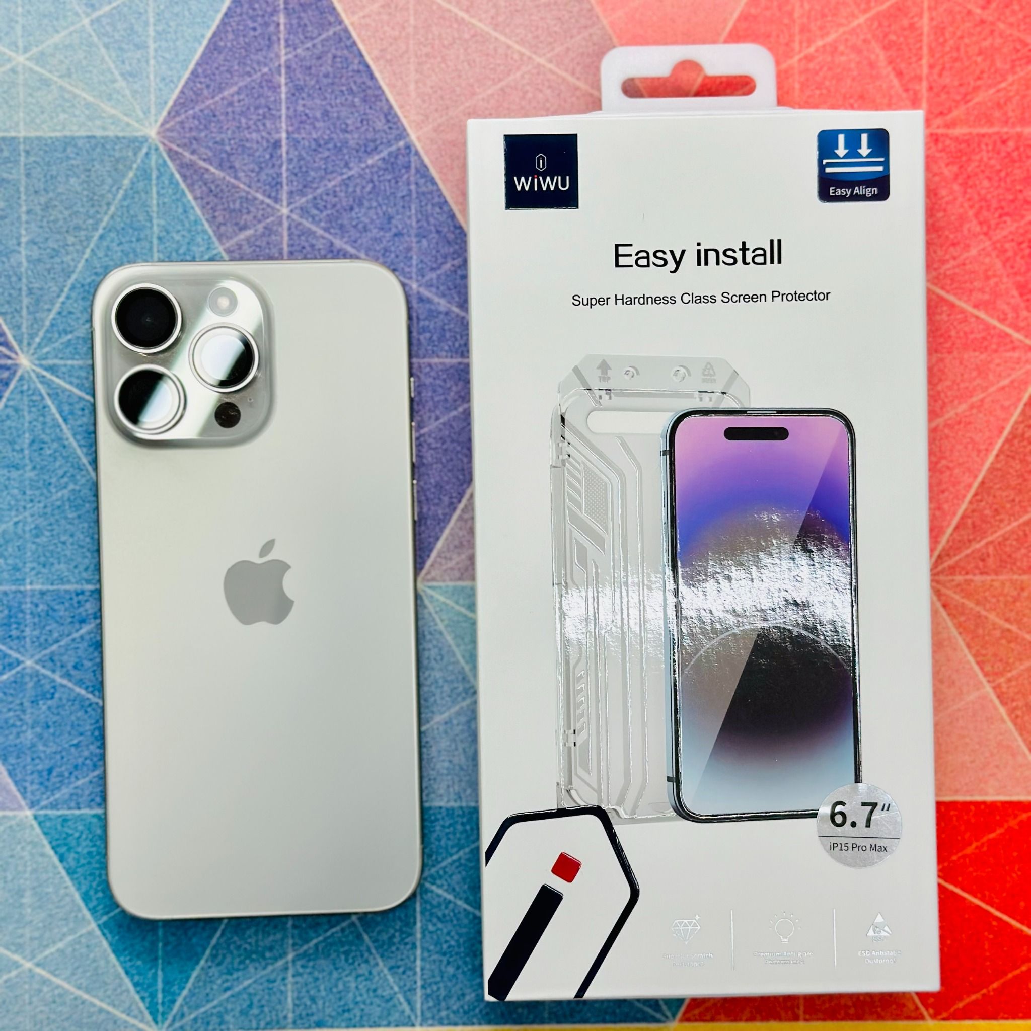  Kính Cường Lực iPhone 15 ProMax WIWU Easy Install Có Khung Tự Dán, Lấy Bụi, Lưới Bảo Vệ Màng Loa. 