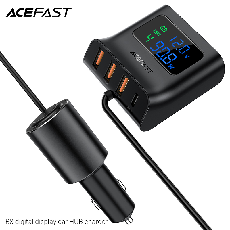  Sạc Hub ô tô ACEFAST 90W 4 cổng 3xUSB-A + USB-C có đèn hiển thị 