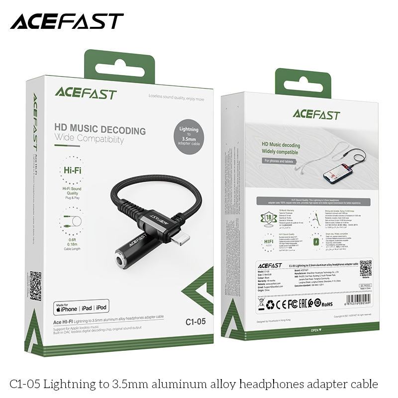  Cáp chuyển âm thanh ACEFAST Lightning to 3.5mm MFI (0.18m) 