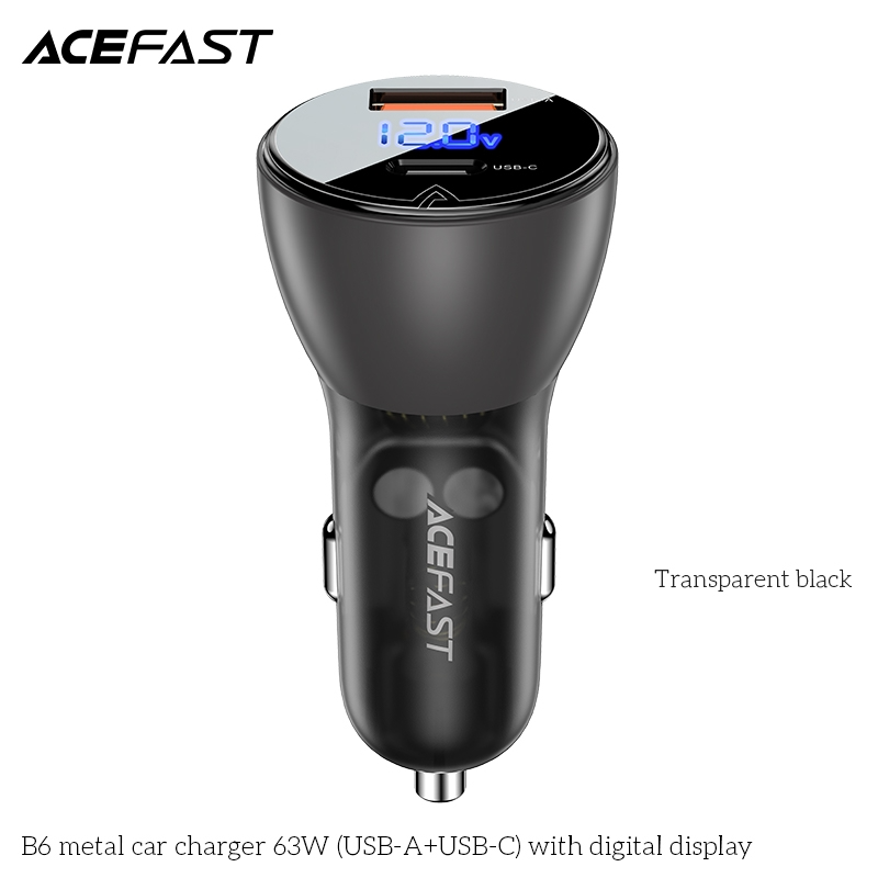 Sạc ô tô ACEFAST 63W 2 cổng USB-A + USB-C có đèn hiển thị