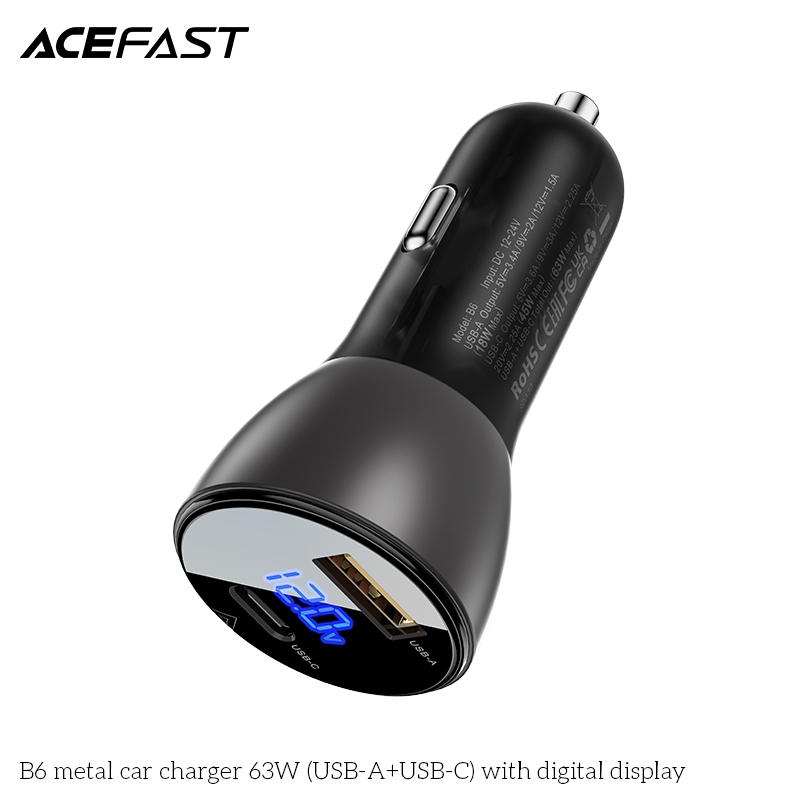 Sạc ô tô ACEFAST 63W 2 cổng USB-A + USB-C có đèn hiển thị